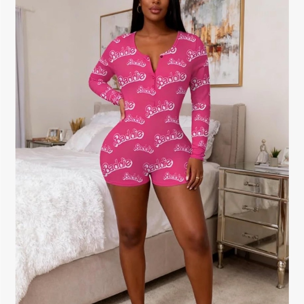Pink Baddie Print Long Sleeve Romper